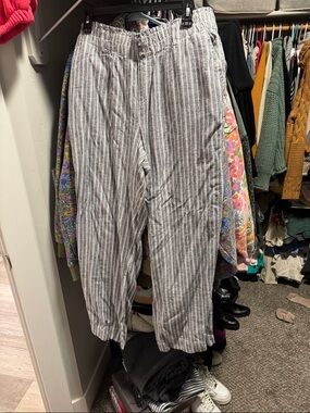 Striped Gray Linen-Blend Pants